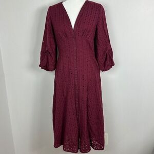 Listicle Burgundy Eyelet Cutout Midi Dress Womens Size Medium Romantic Prairie M